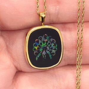 Vintage 14K Opal Peacock Onyx Necklace, Natural Australian, Rainbow Inlay 16”